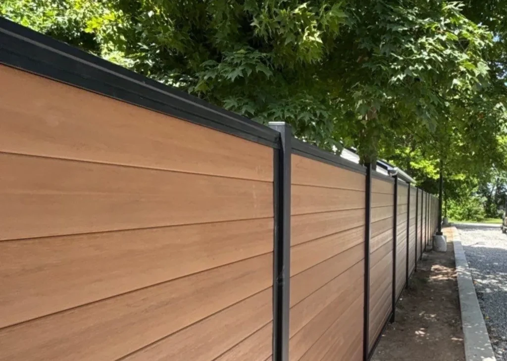 Wood grain aluminum privacy fence